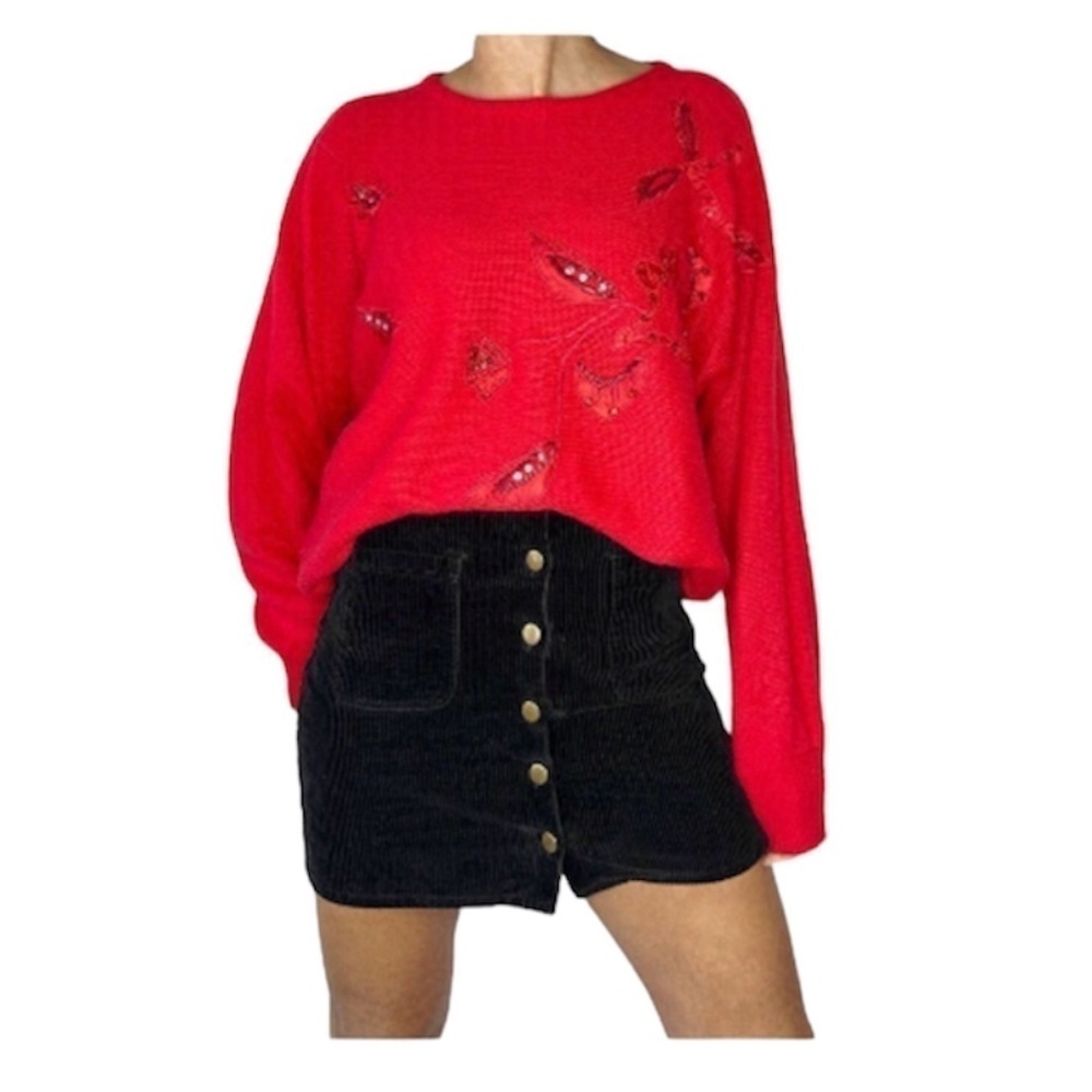 VINTAGE Red Floral Embroidered Dolman Sleeve Sweater 44 - Picture 1 of 9
